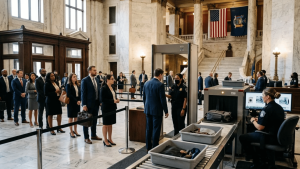 ADA compliant courthouse security screening lane with metal detector and X-ray monitor