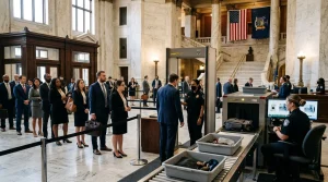 ADA compliant courthouse security screening lane with metal detector and X-ray monitor