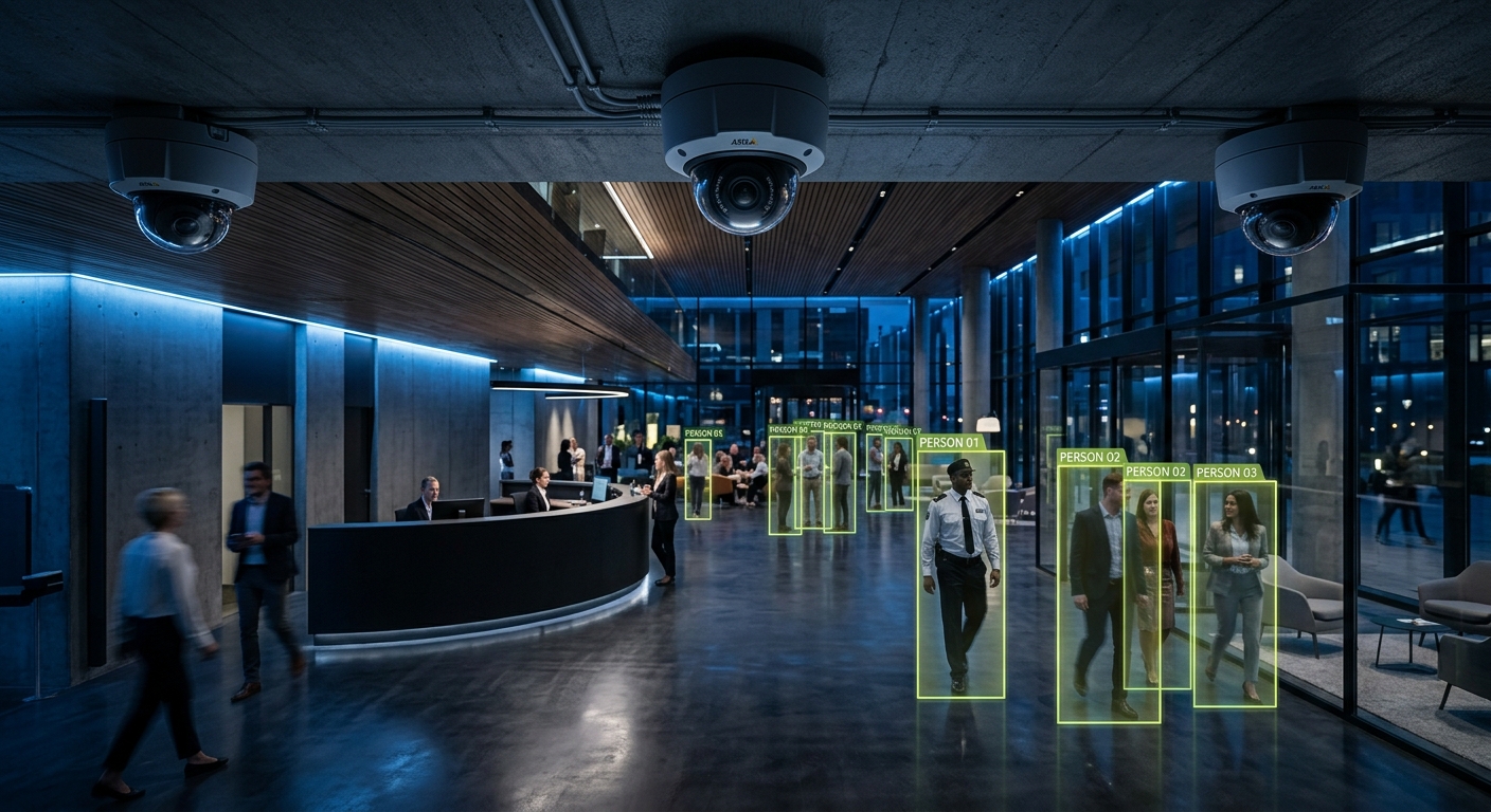 AI security cameras with person detection overlays in a commercial facility lobby
