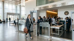 Attorney using bypass security lane at courthouse with briefcase