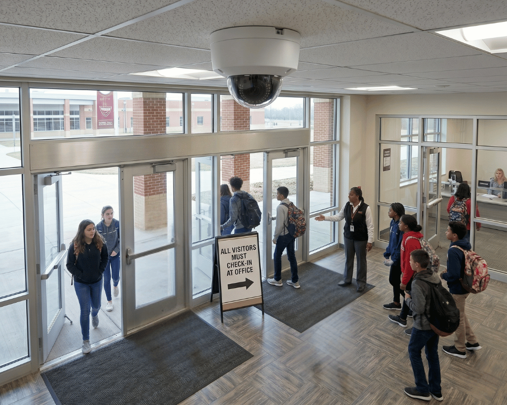 ceiling mounted dome camera school entrance