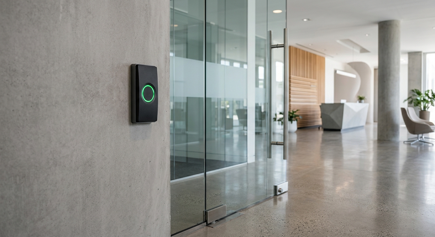 Cloud access control card reader with green LED mounted on wall next to glass office door in modern corporate lobby