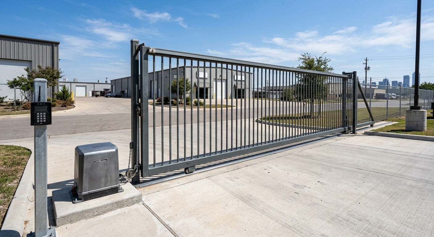 Commercial slide gate operator with access control keypad at industrial facility in Dallas TX