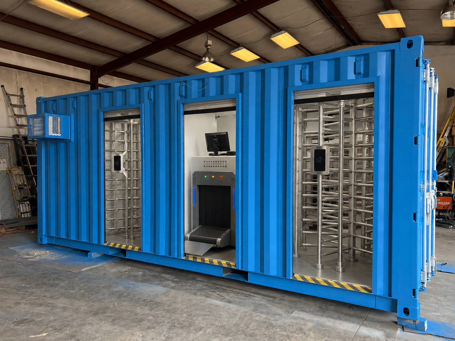 Custom container security checkpoint with X-ray baggage scanner and full-height turnstiles — 2M Technology Grand Prairie TX