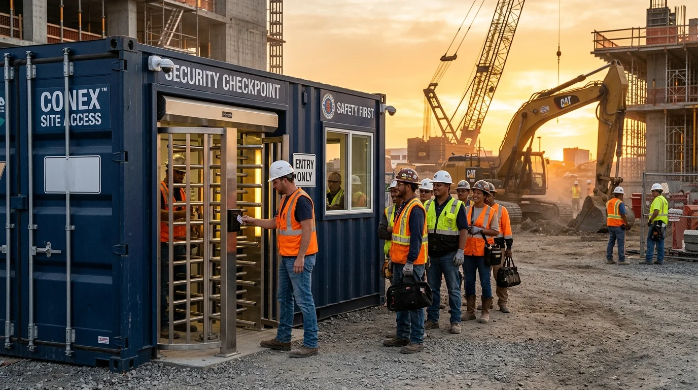 Container turnstile at construction site — workers scanning badges at portable CONEX checkpoint