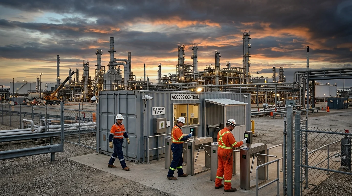 Industrial container turnstile checkpoint at oil refinery — workers in PPE scanning access badges