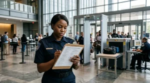 Security officer reviewing courthouse security screening checklist at checkpoint