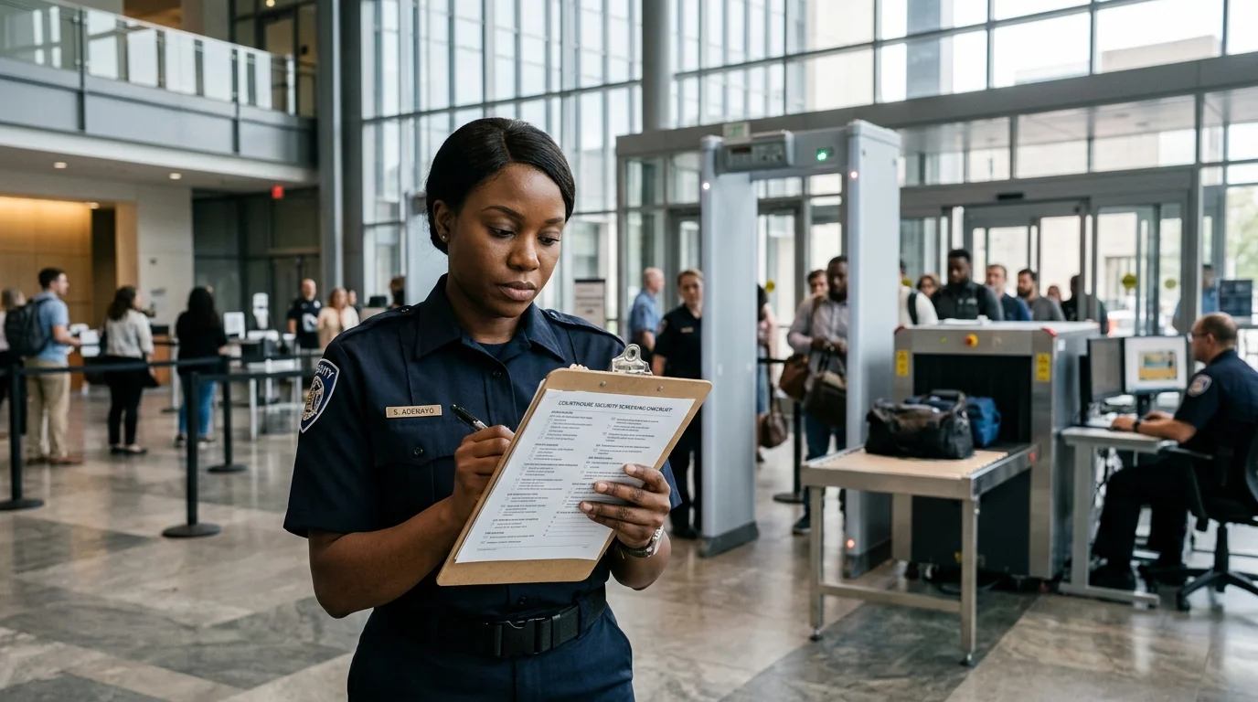 Security officer reviewing courthouse security screening checklist at checkpoint