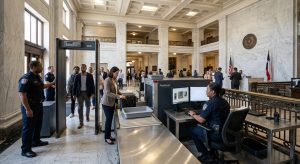 Courthouse security screening Dallas — X-ray and metal detector checkpoint by 2M Technology