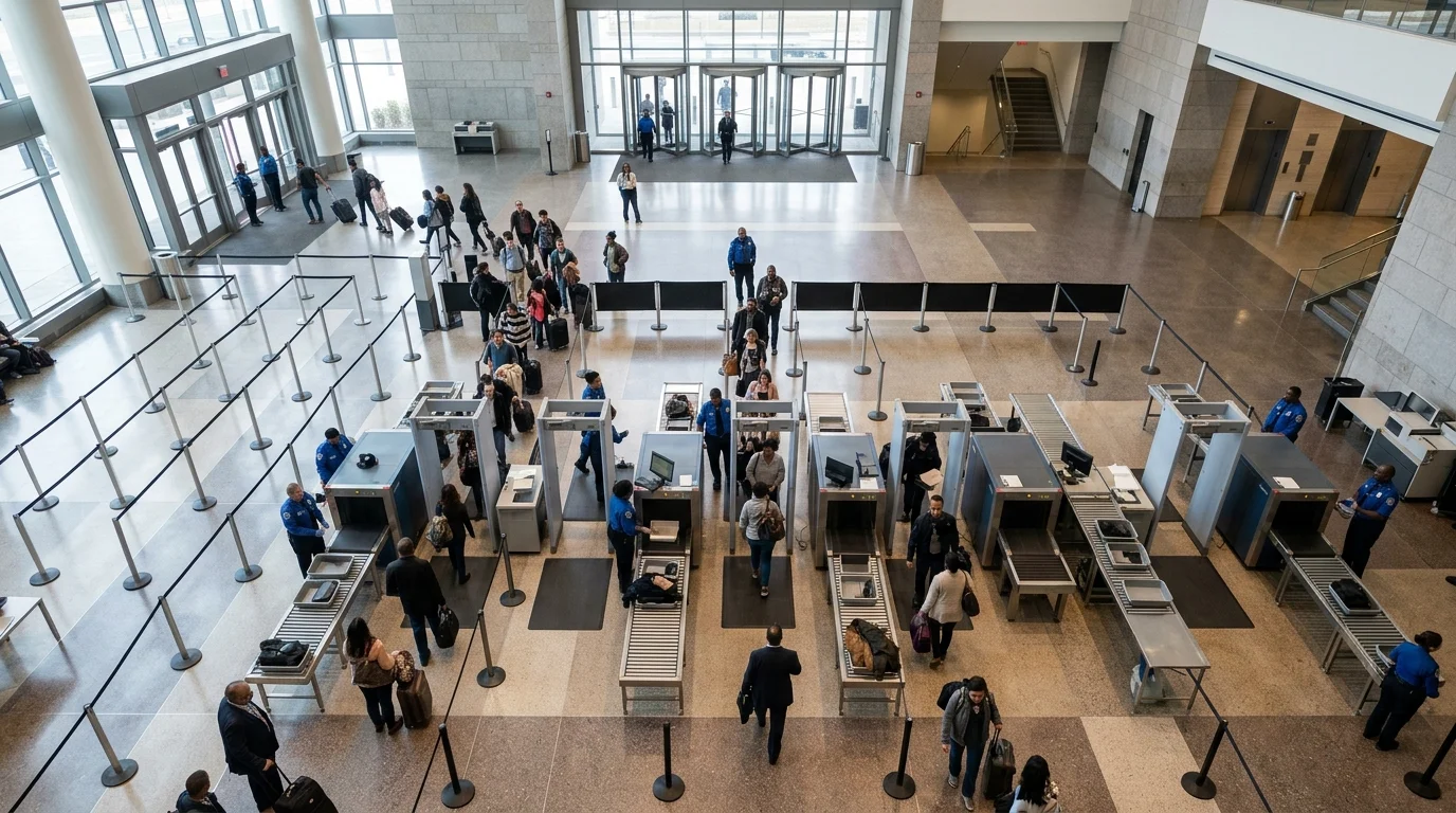 Overhead view of courthouse security checkpoint with multiple X-ray scanner lanes