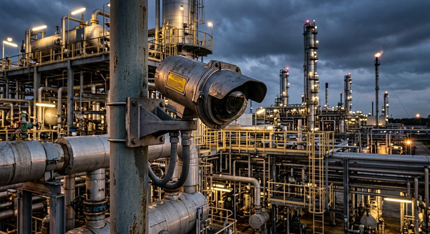 Ruggedized explosion-proof security camera mounted on pipe at petrochemical refinery with industrial facility in background