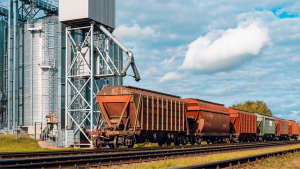 Grain loading trains stationed at grain silo