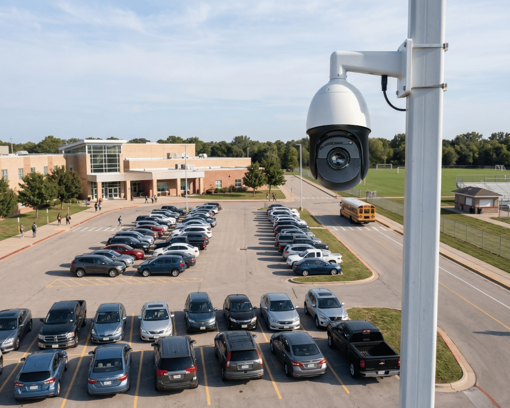 school security systems pole-mounted PTZ camera overlooking K-12 school parking lot