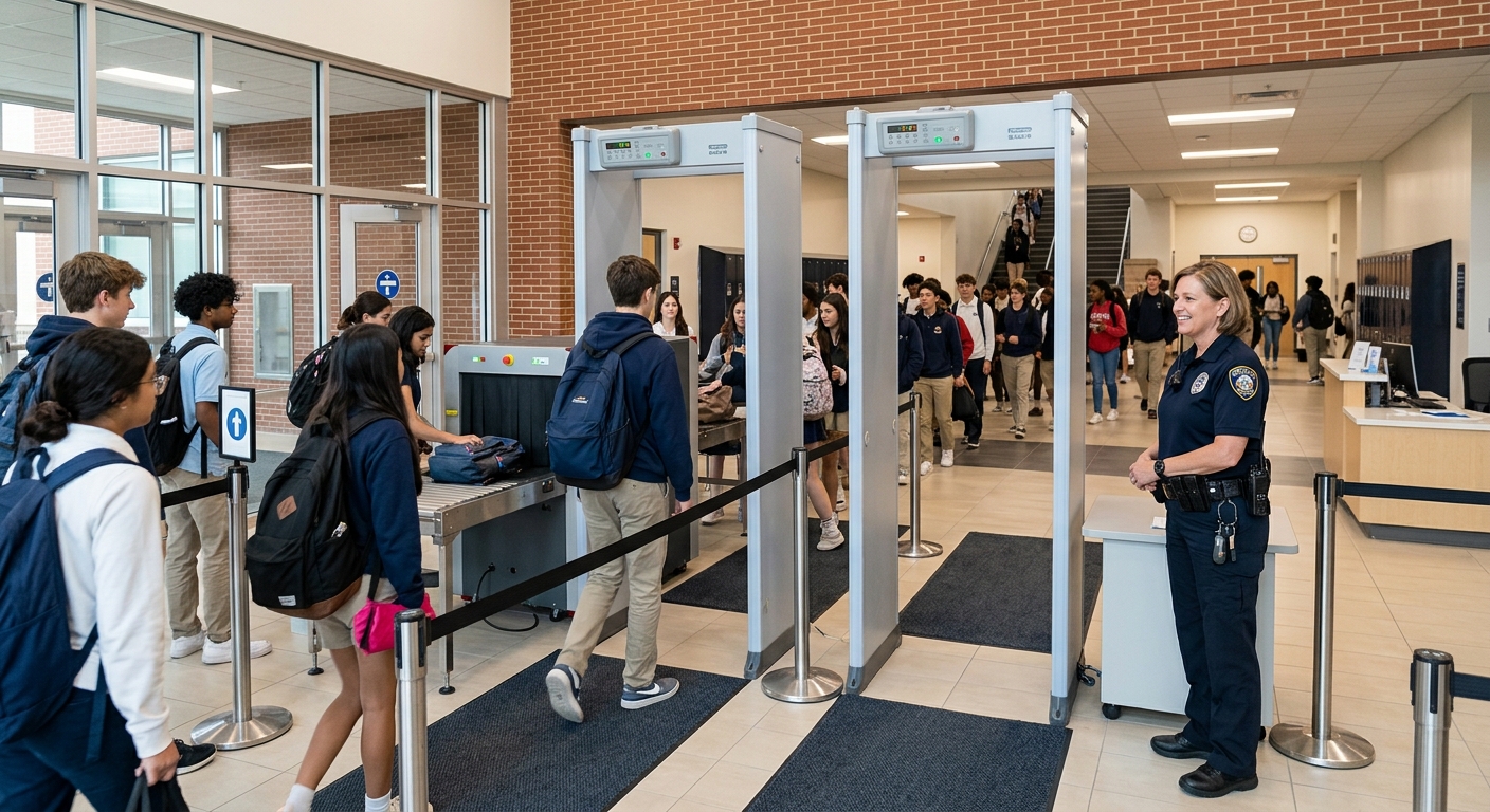 School security screening checkpoint entrance with metal detector