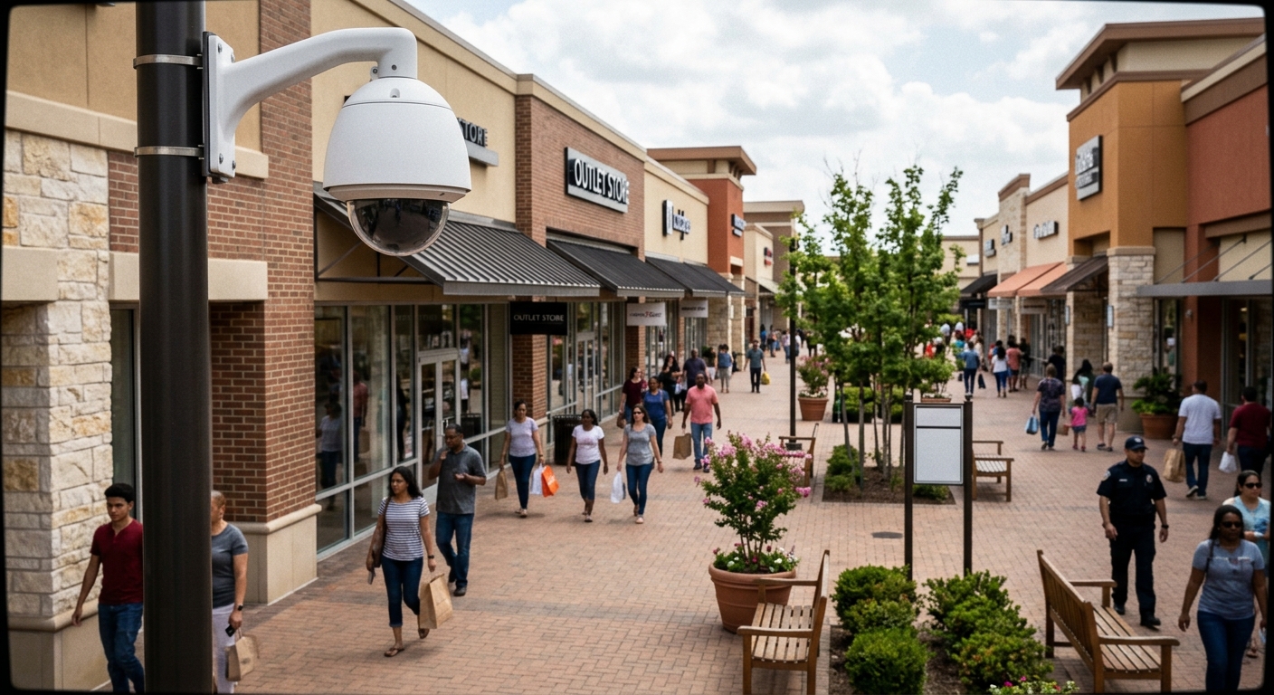 Security camera installation Allen TX outdoor retail outlet center entrance