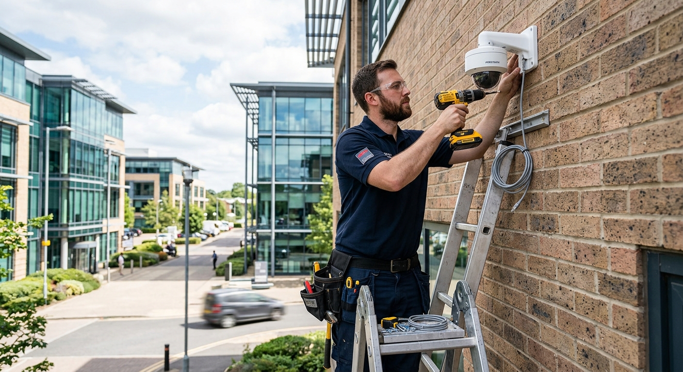 Security camera installation technician mounting IP dome camera commercial building Dallas TX