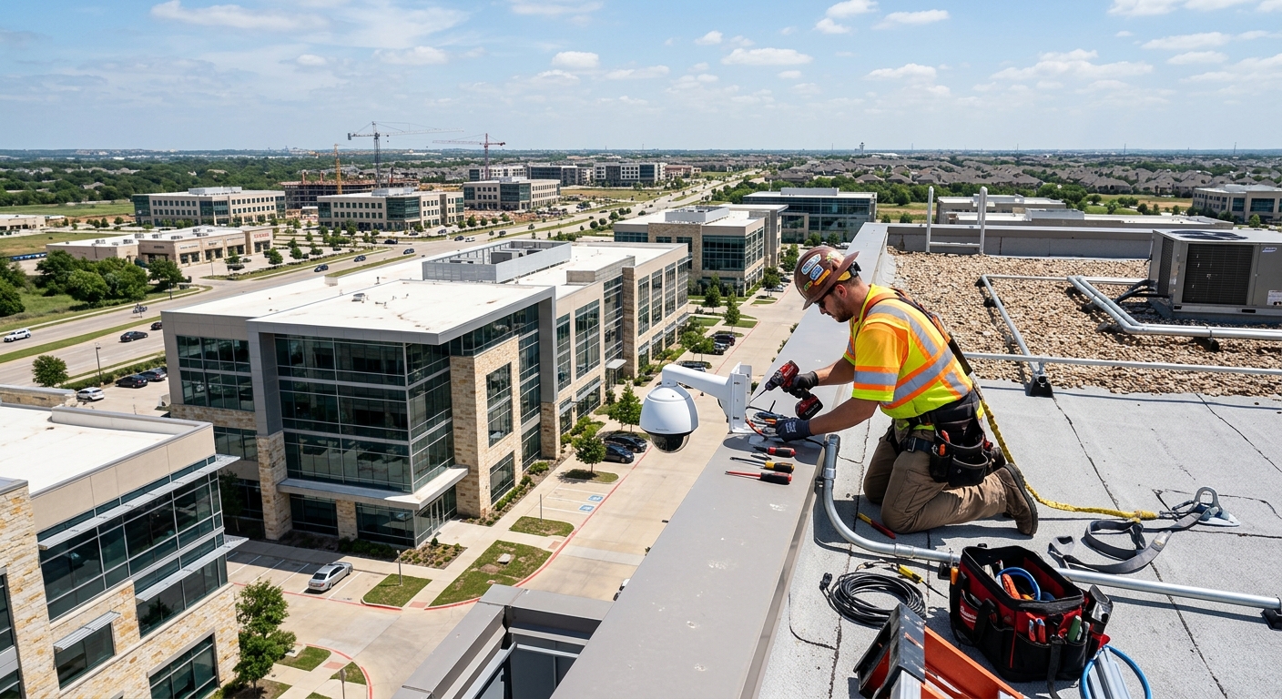 Security camera installation McKinney TX commercial building rooftop technician