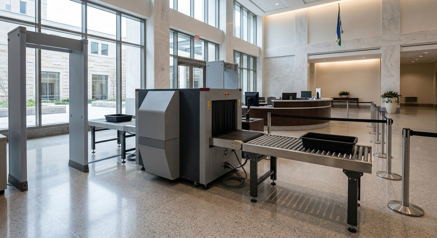 Commercial security X-ray baggage scanner with walk-through metal detector and divestiture table in government building lobby