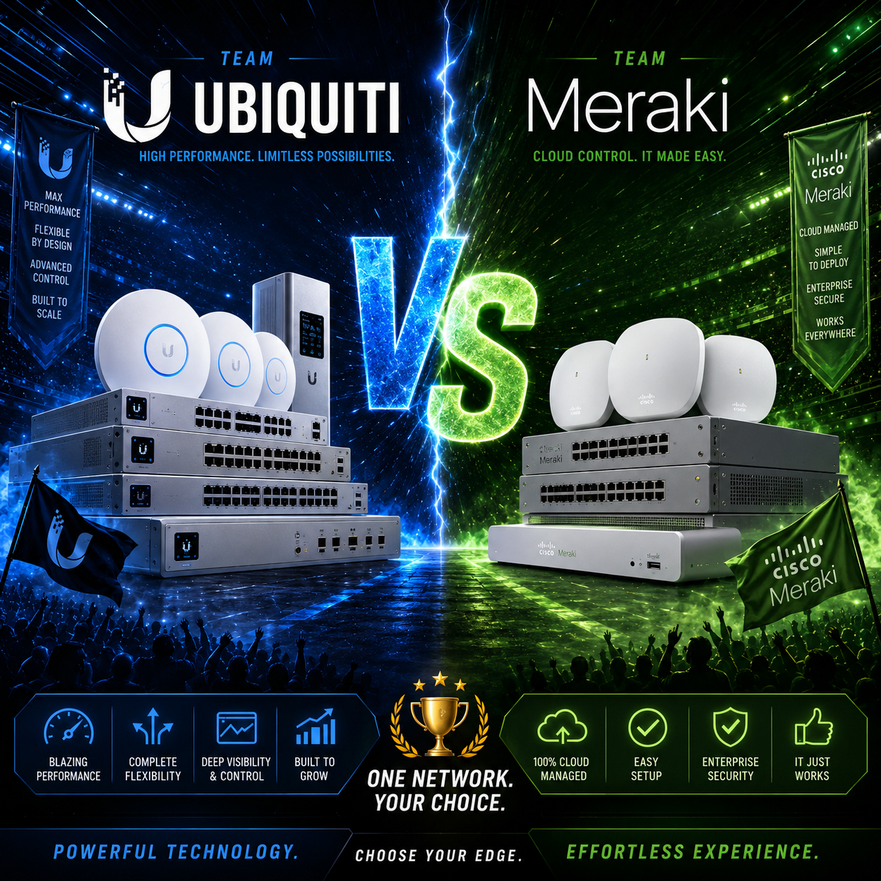 Ubiquiti vs Meraki — enterprise networking showdown, UniFi access points versus Cisco Meraki appliances