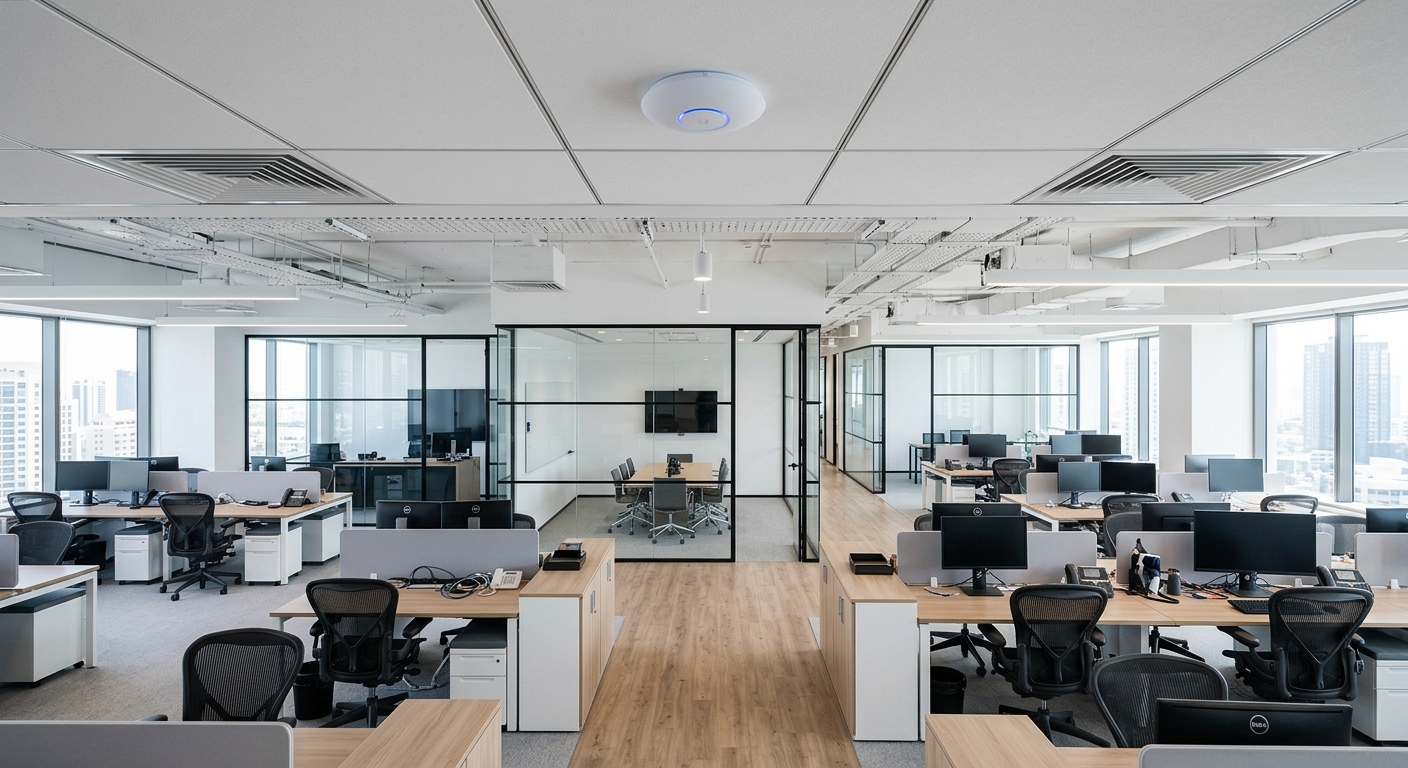Ubiquiti UniFi access point with blue LED ring mounted on ceiling of modern open-plan office in Dallas, done by UniFi installer Dallas TX