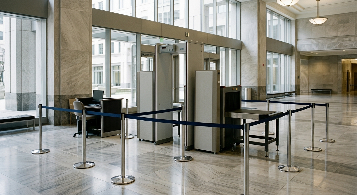 Walk-through metal detector security checkpoint in courthouse lobby with X-ray scanner and stanchion queue