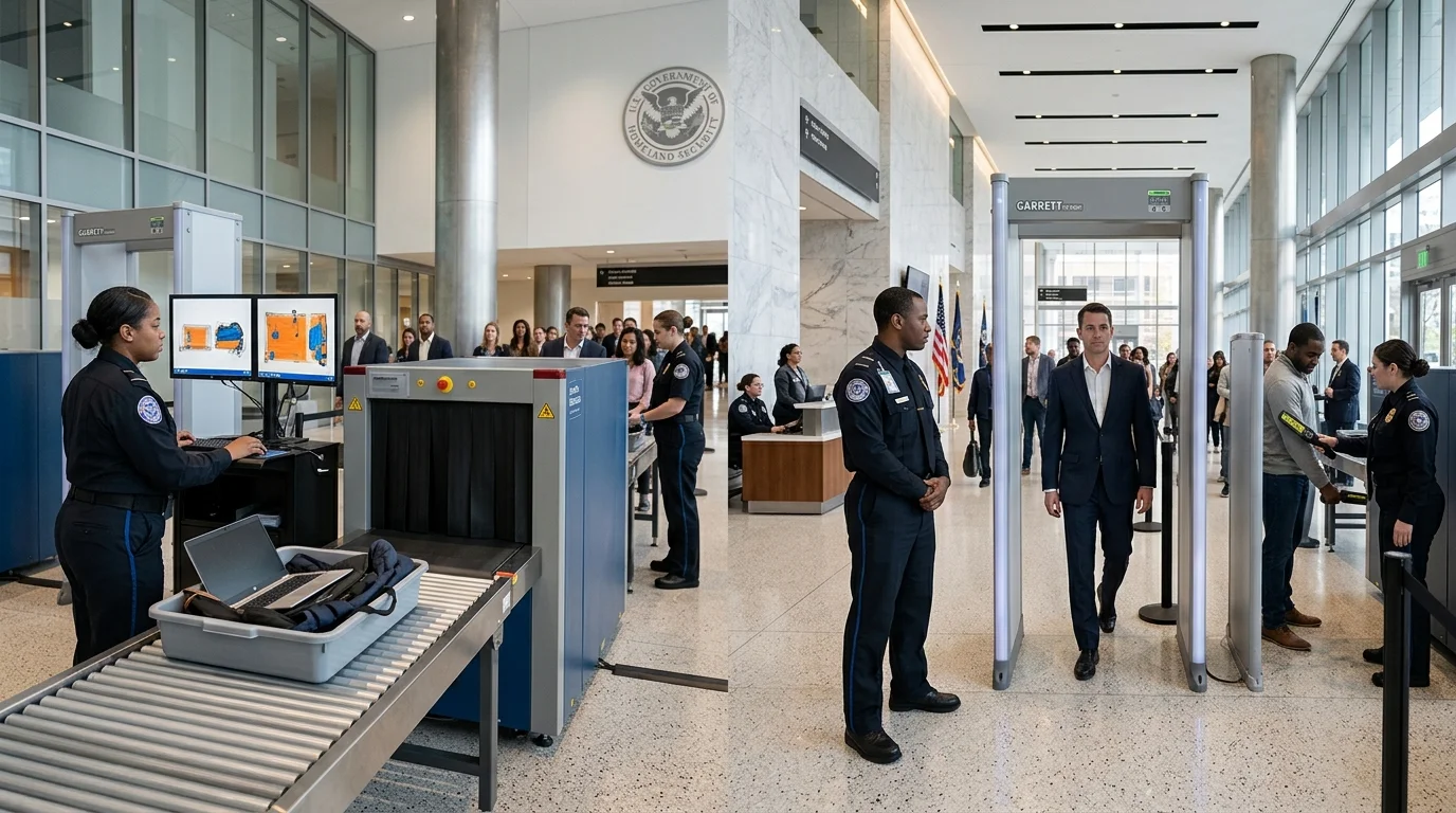 X-ray baggage scanner and metal detector comparison at government building checkpoint