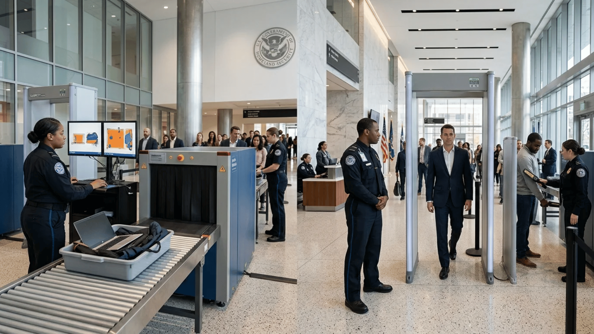 X-ray baggage scanner and metal detector comparison at government building checkpoint