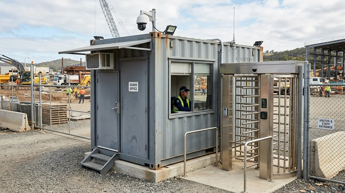 Steel CONEX container guard booth with integrated full-height turnstile lane, security camera, and staffed guard window at a construction site checkpoint