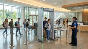 Walk-through multi-zone metal detector screening students at a school entrance - an Evolv alternative