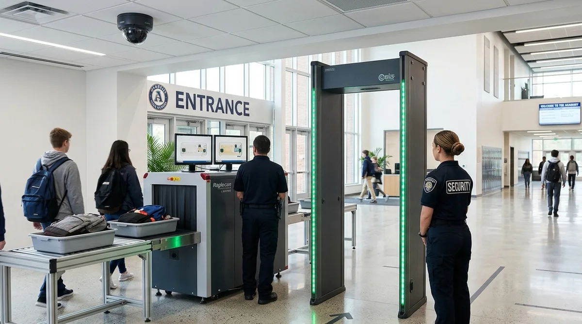 gun detection system checkpoint with walk-through metal detector and X-ray screening at a school entrance