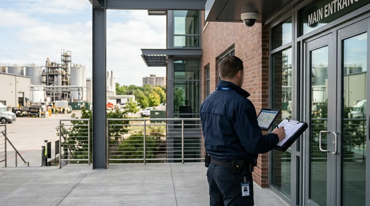 physical security assessment - consultant conducting facility walkthrough at entrance with access control and camera