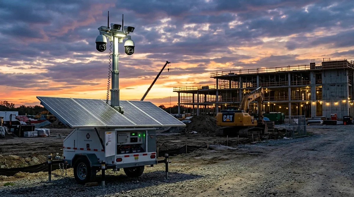 pro-vigil alternatives - owned solar surveillance trailer with PTZ cameras on a construction site