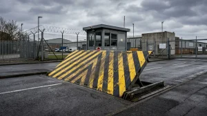 road blockers - hydraulic wedge vehicle barrier raised at a secure facility checkpoint