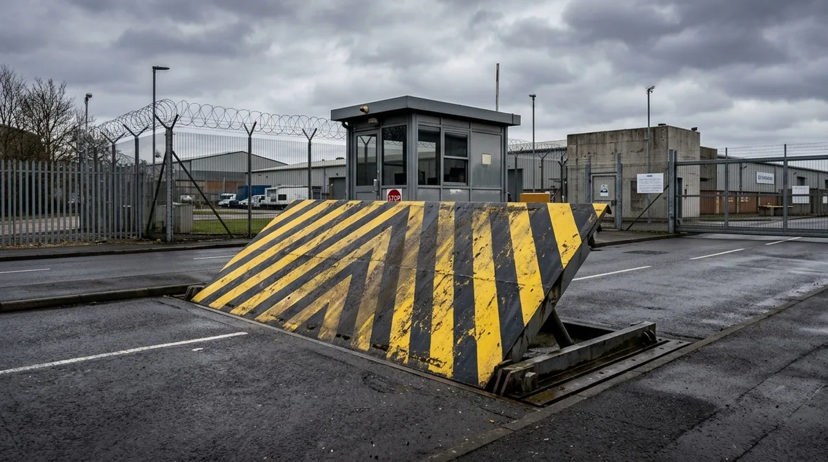 road blockers - hydraulic wedge vehicle barrier raised at a secure facility checkpoint