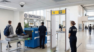 Gun detection system with walkthrough metal detector, baggage X-ray scanner, and surveillance camera at school checkpoint