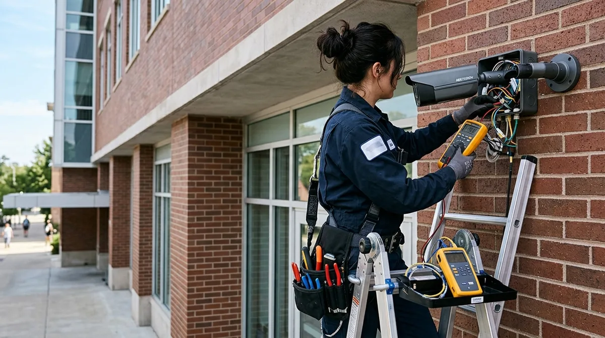 security camera repair - technician testing a commercial bullet camera junction box with a multimeter