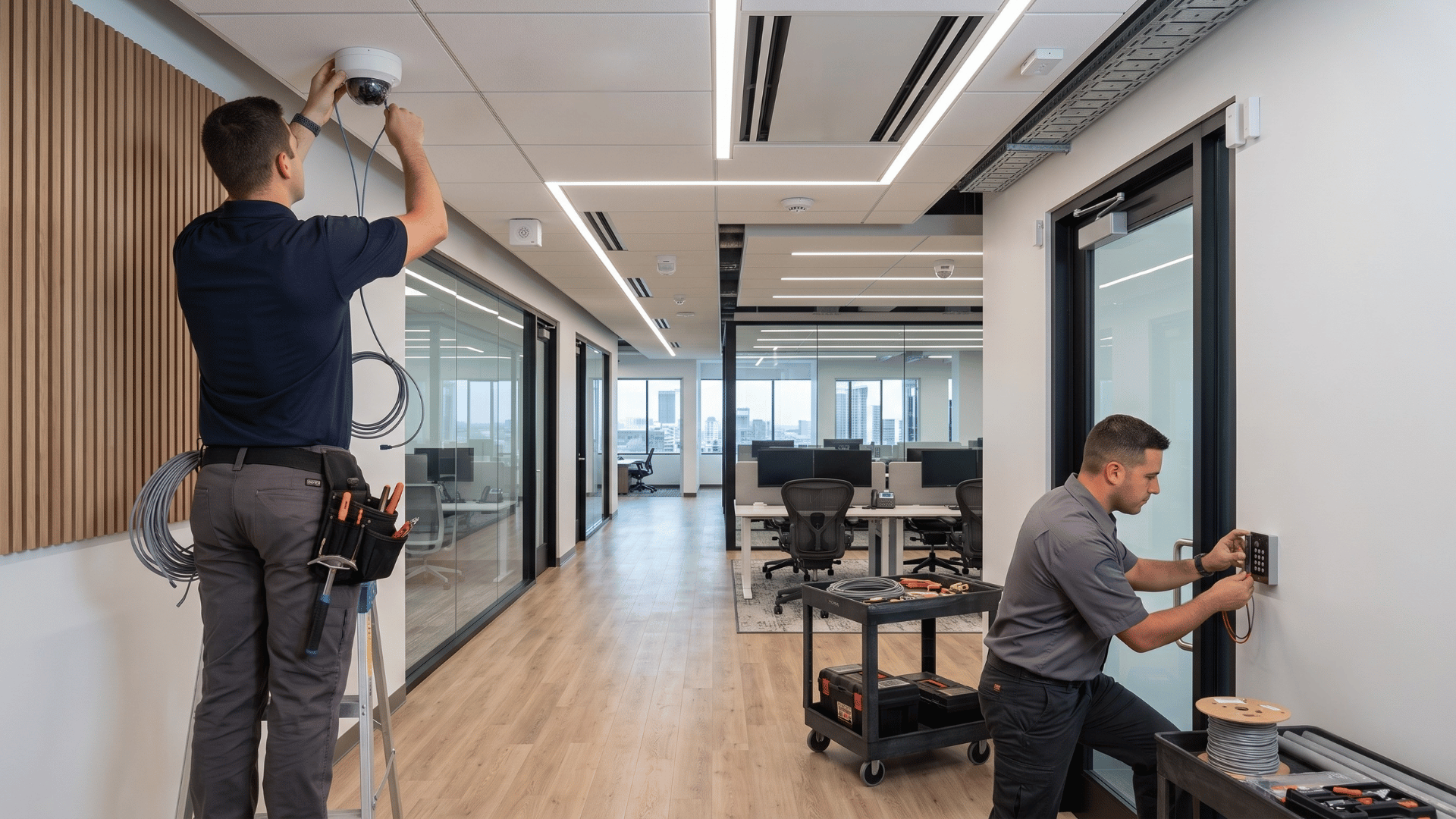 Technicians installing professional security system with cameras, door access control, and burglar alarm sensors inside commercial office building