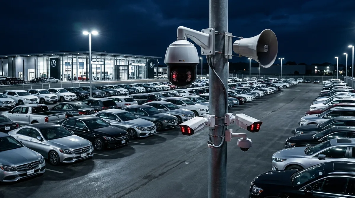 stealth monitoring alternatives - owned dealership security cameras with voice-down horn speaker