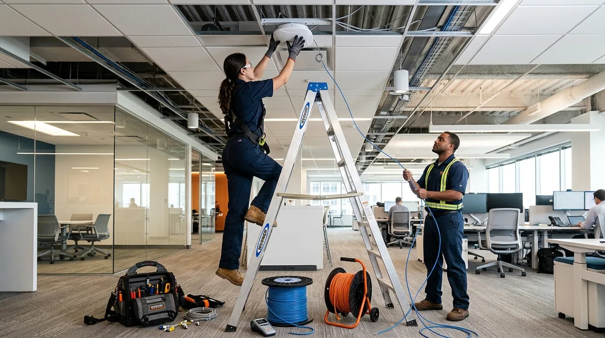 ubiquiti installer - technicians mounting a UniFi ceiling access point in a commercial office