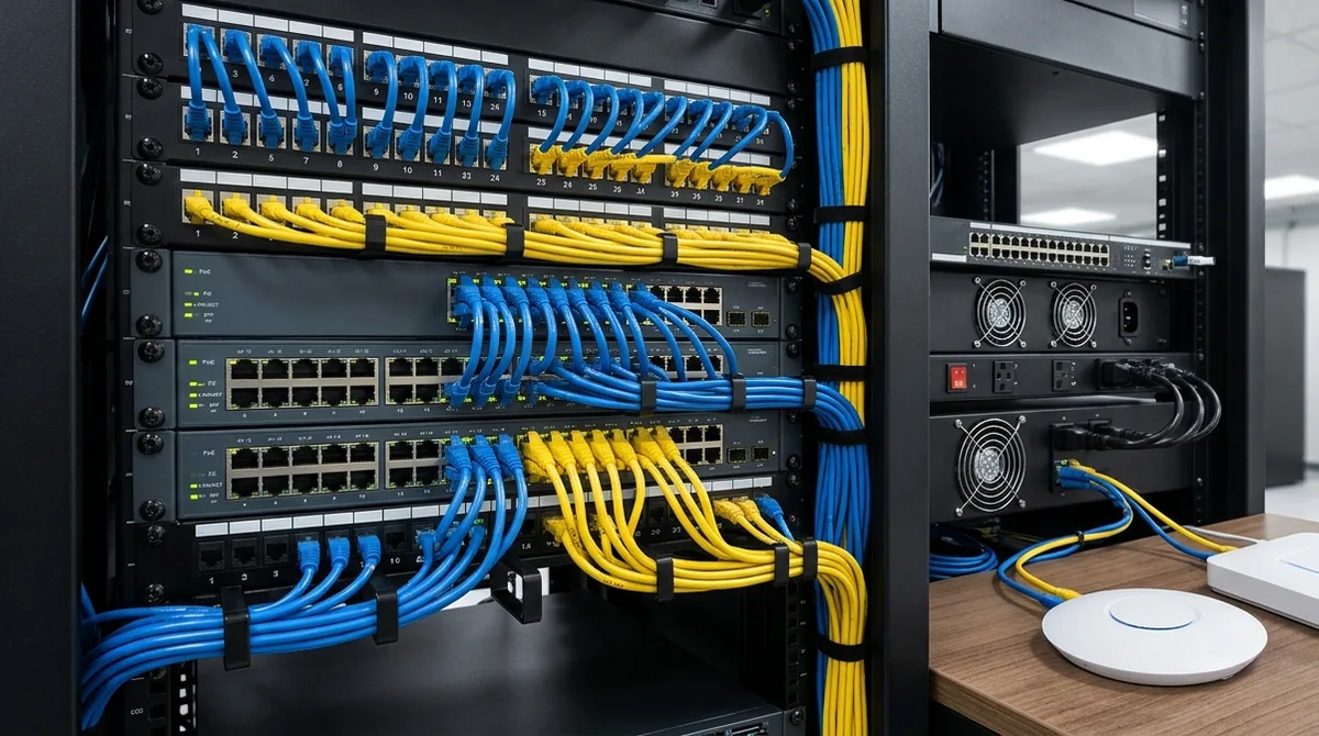 unifi vs omada - commercial PoE network rack with access points during installation