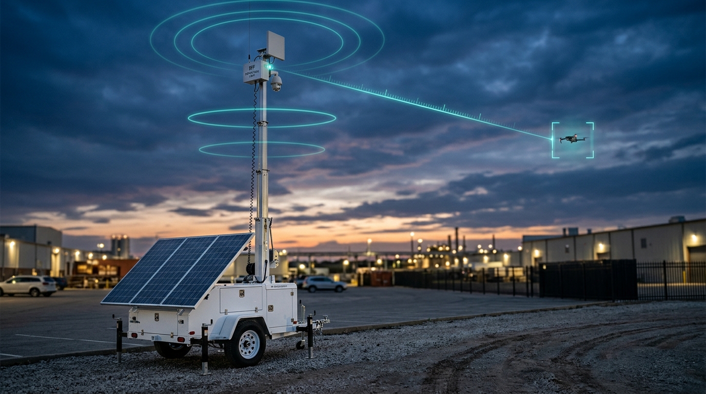 Solar-powered drone detection trailer with RF sensor scanning and detecting a drone at an industrial facility at dusk
