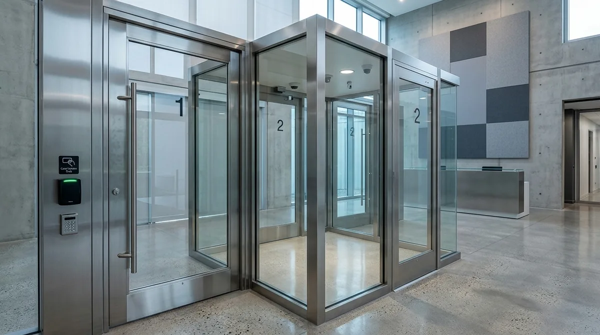 security vestibule mantrap with interlocked glass doors and card reader at a data center entrance