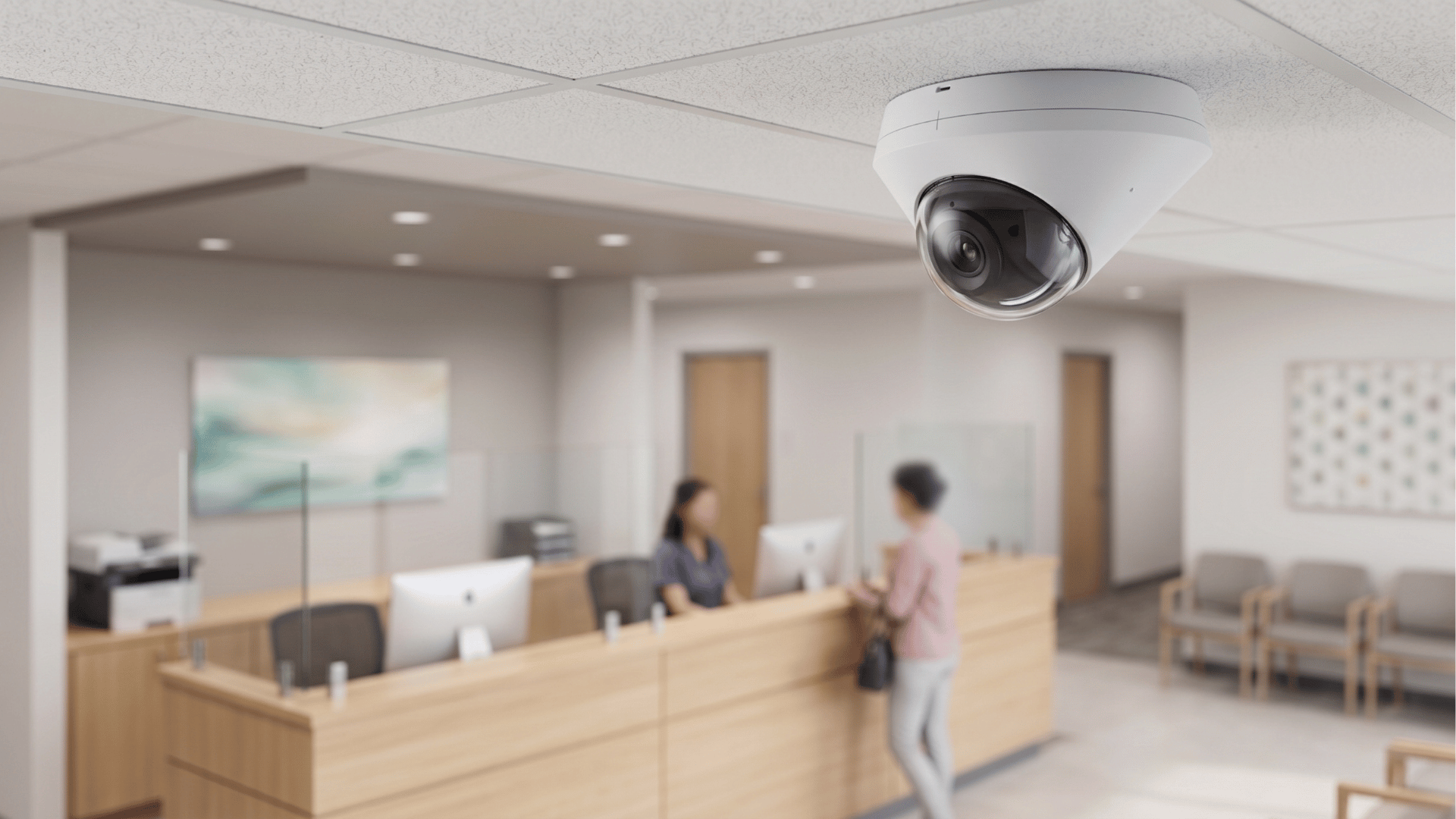 Ubiquiti UniFi medical clinic security G5 dome camera on ceiling to monitor lobby and front reception desk area