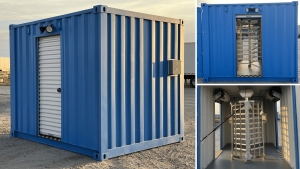 Collage of custom 10-ft container turnstile checkpoint fabricated by 2M Technology