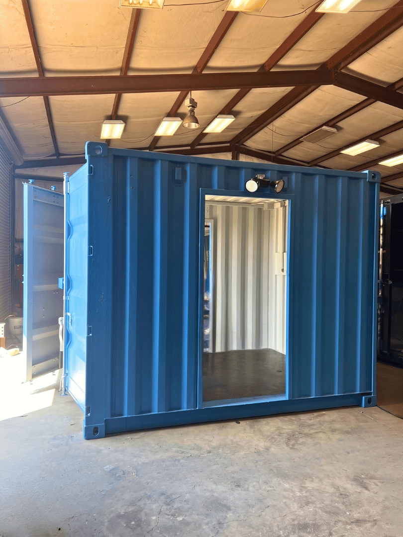 Open entrance of custom 10-ft container turnstile checkpoint