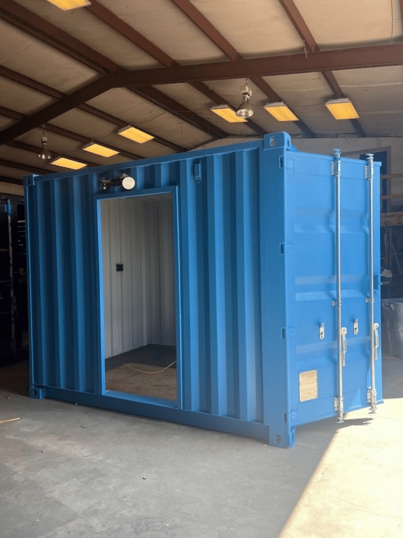 Open entrance of custom 10-ft container turnstile checkpoint
