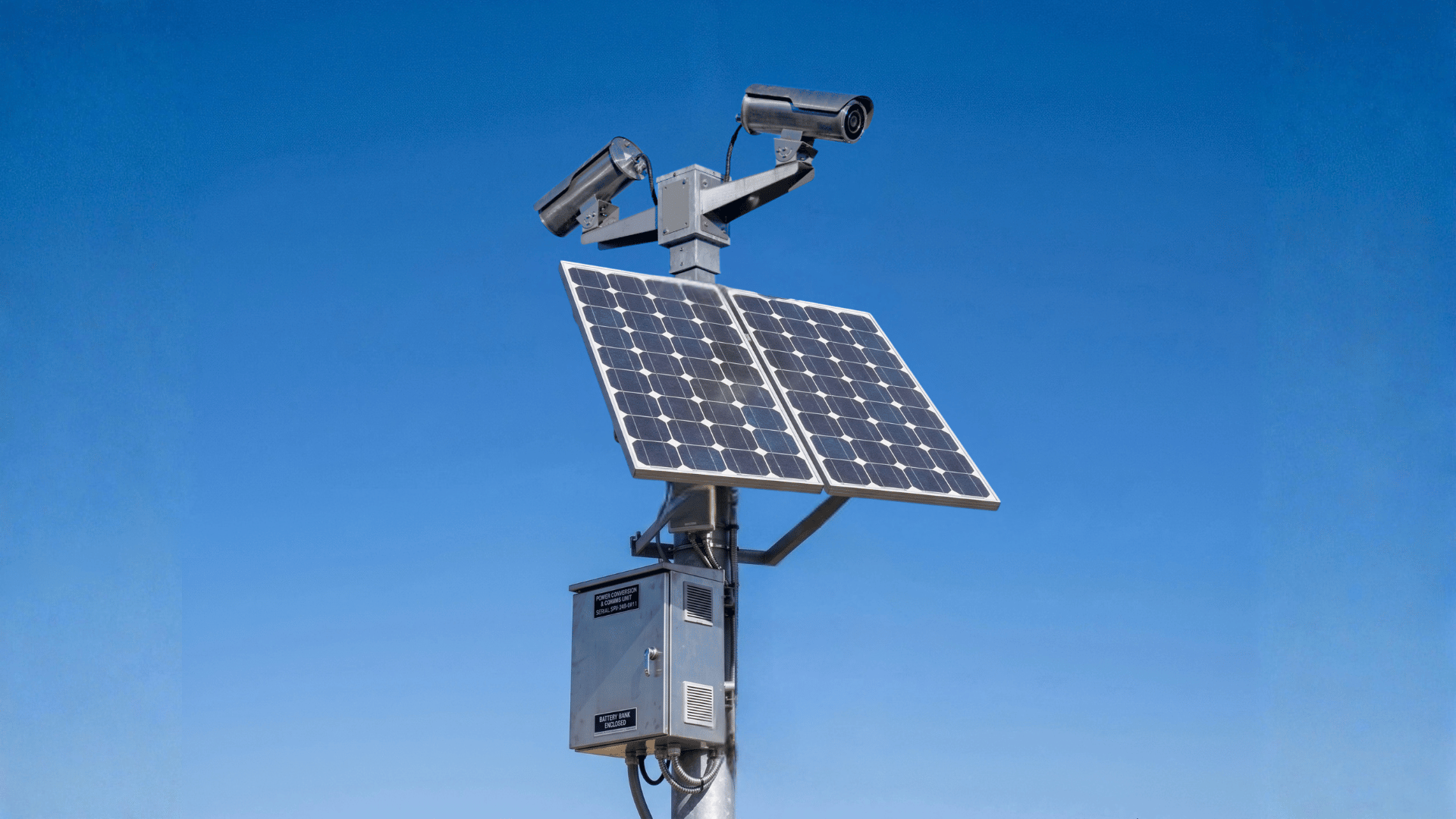Explosion-proof surveillance solutions for existing poles, including cameras, mounts, NEMA enclosures, and solar panels