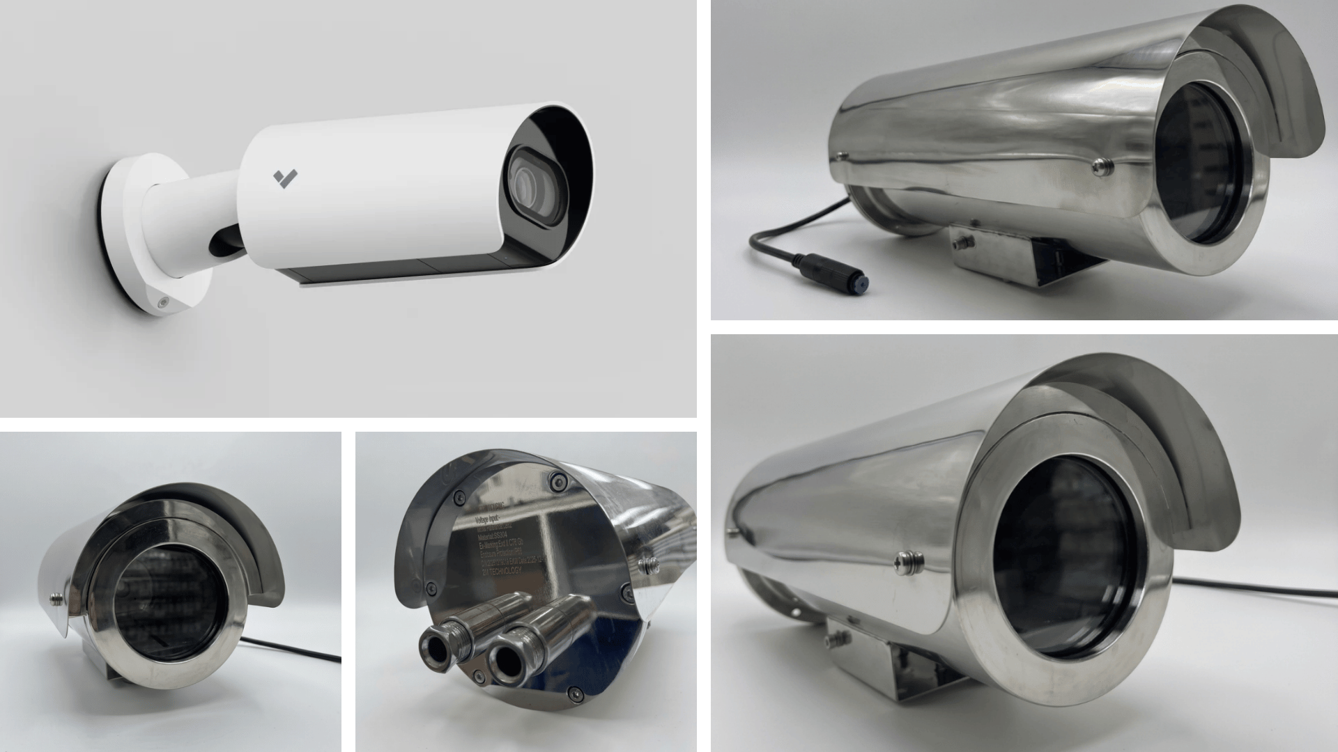 Photo collage showing a custom explosion-proof camera enclosure fabricated by 2M Technology for the Verkada CB62-E outdoor bullet camera
