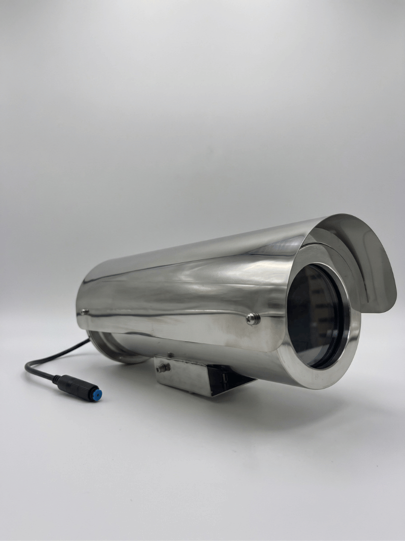 Custom explosion-proof Verkada CB62-E bullet camera housing model 2MEXH-3213 with stainless steel sunshield and mounting bracket