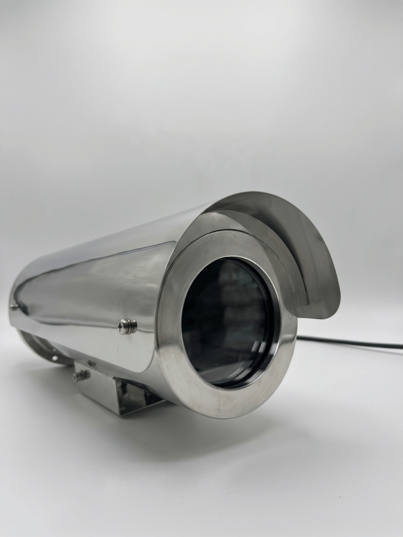 Close-up perspective of custom explosion-proof Verkada bullet camera housing model 2MEXH-3213 with protective sunshield and front viewing window